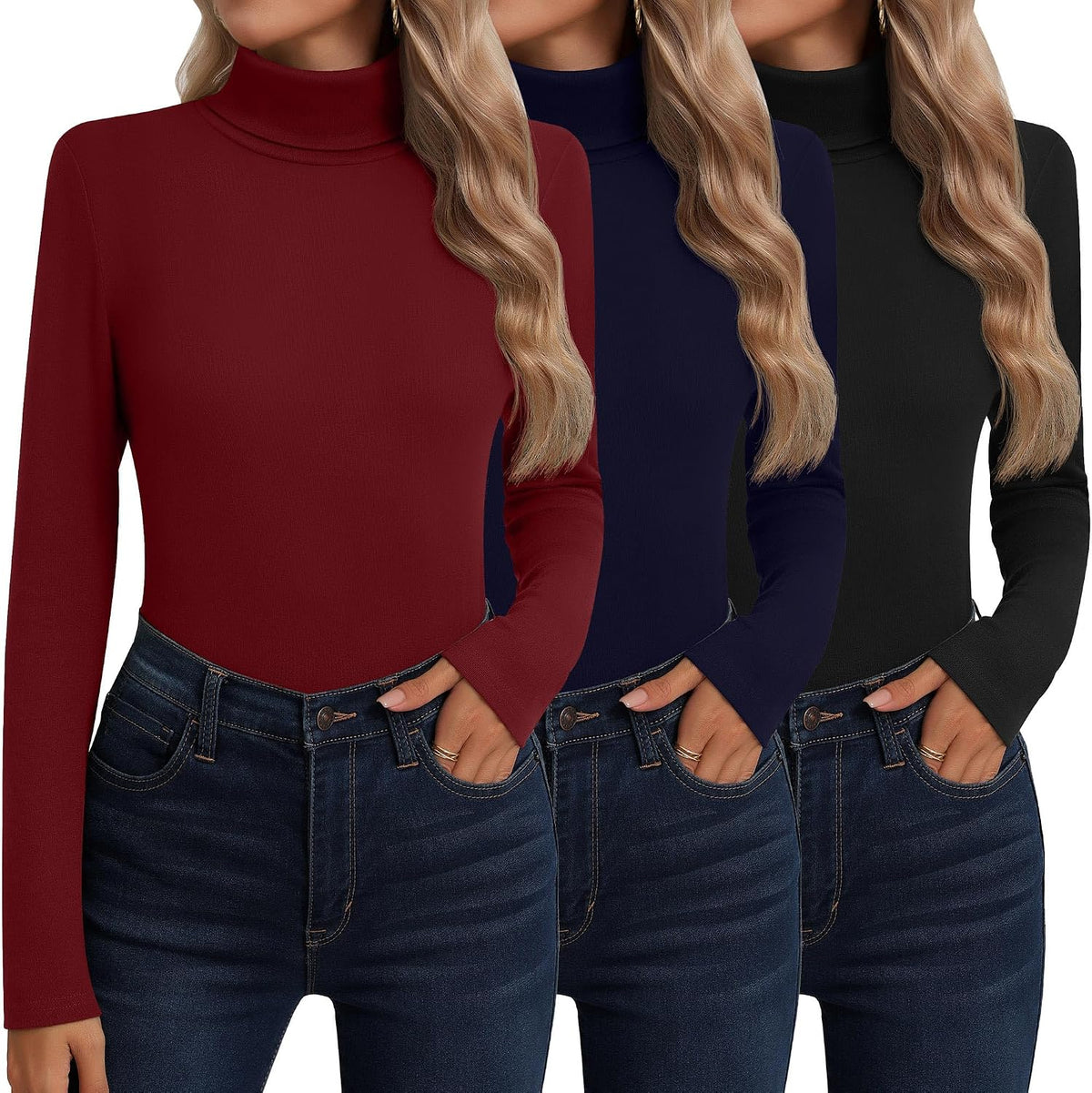 1 Piece Red Neer Women's Turtleneck Long Sleeves Top.