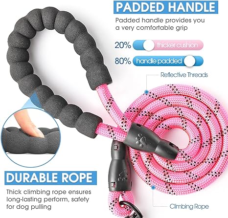 BAAPET 2456 FT Dog Leash with Comfortable Padded Handle and Highly Reflective Threads for Small Medium and Large Dogs (5FT-12'', Pink)