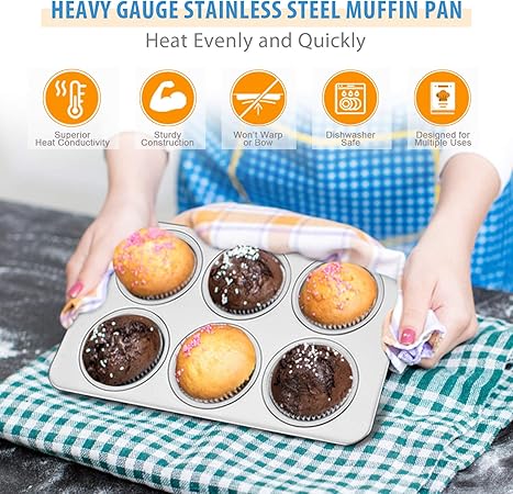 E-far Muffin Pan Set of 2, Stainless Steel Muffin Pan Tin for Baking, 6-Cup Metal Cupcake Pan Tray, Non-toxic  Healthy, Oven  Dishwasher Safe, Regular Size - 11.44 x 7.12 x 1.25 inch