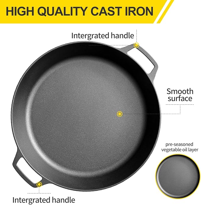 EDGING CASTING Pre-Seasoned Large Cast Iron Skillet 17 Inch, Dual Handle Outdoor Camping Frying Pan, Pizza Pan, Use for Grill, Stovetop, Induction, Oven Safe Cookware
