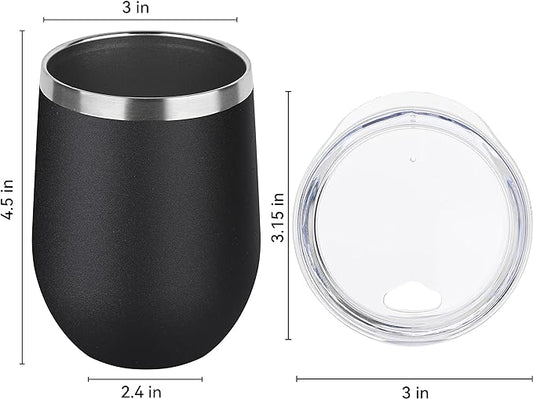 DOMICARE Stainless Steel Wine Tumbler Bulk with Lid, Personalized Insulated Tumblers Set, 12oz Travel Coffee Cups Pack of 4, Black