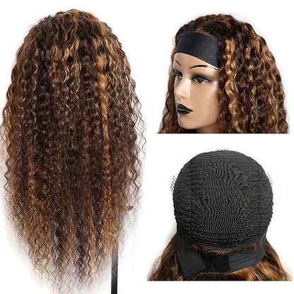 Headband Wig Human Hair Deep Wave 427 Human Hair Headband wigs for women Glueless None Lace Front Wig Machine Made 150 Density headband wig human hair with Headbands (12Inch)