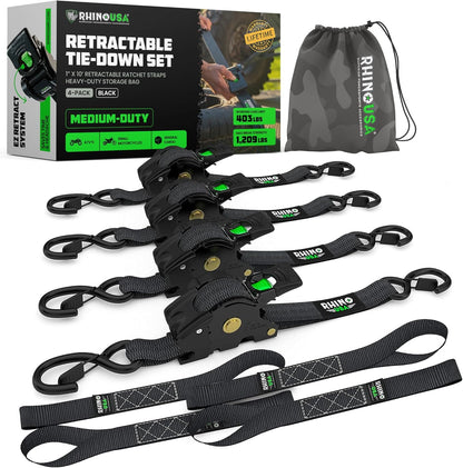 Rhino USA Retractable Ratchet Straps (4-Pack) - 1in x 10ft, Black 1,209lb Break Strength, Auto Self Retracting Design. For Truck, Cargo Trailer, Motorcycle, ATV & UTV Tie Downs. Black