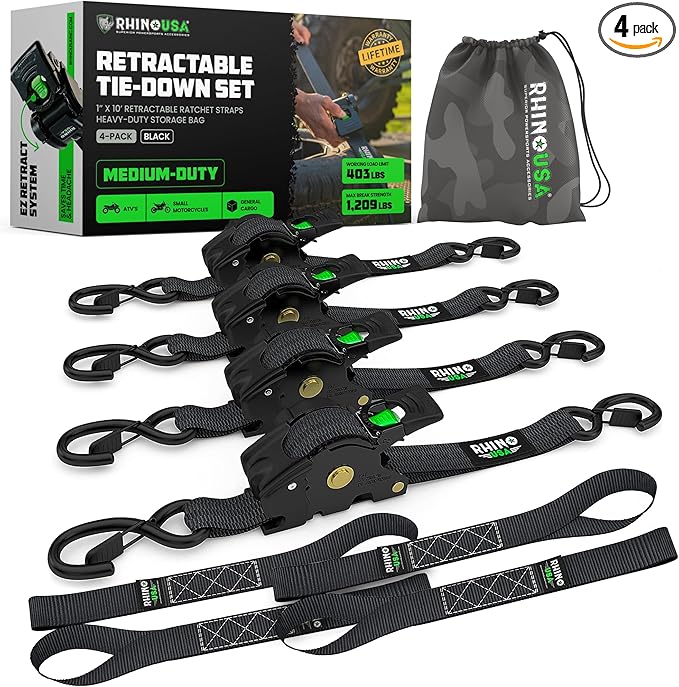 Rhino USA Retractable Ratchet Straps (4-Pack) - 1 Inch x 10 Feet (1,209lb Break Strength) - Heavy Duty Auto Self Retracting Tie Down Straps for Truck, Cargo Trailer, Motorcycle, Rad  More - Black
