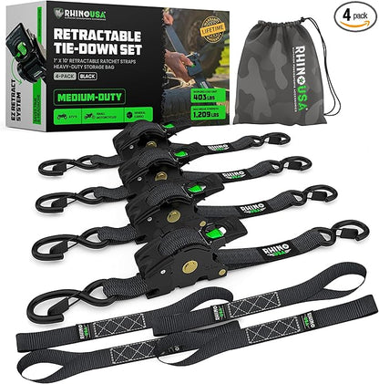 Rhino USA Retractable Ratchet Straps (4-Pack) - 1 Inch x 10 Feet (1,209lb Break Strength) - Heavy Duty Auto Self Retracting Tie Down Straps for Truck, Cargo Trailer, Motorcycle, Rad  More - Black