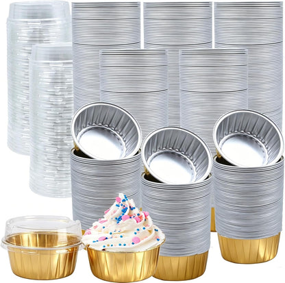 100 Pack Disposable Ramekins, No Lids Included, 5oz Golden Mini Cupcake Tins, Aluminium Foil Baking Cups for Muffin Tart Pie Tin Pan Holder for Party Favor Birthday Wedding (No Lids Included)