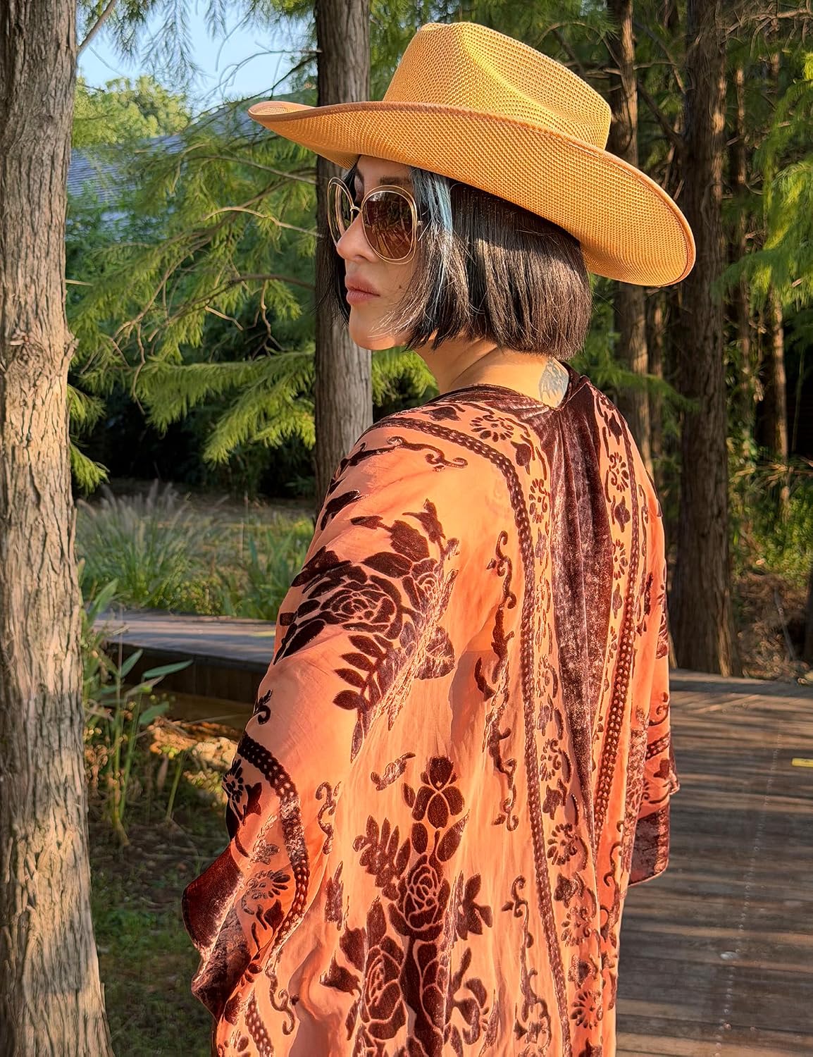 WeHello Women's Burnout Velvet Kimono Long Cardigan Cover Up With Tassel.