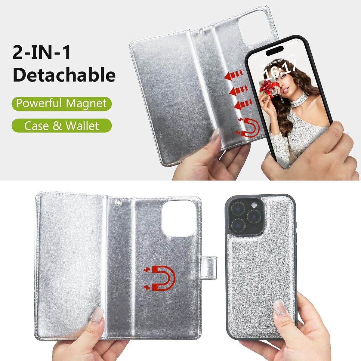 Varikke for iPhone 16 Pro Max Wallet Case Detachable with Card Holder for Women, Fashion Glitter PU Leather Strap Magnetic Flip Wallet Removable Phone Case Cover for iPhone 16 Pro Max 6.9", Silver