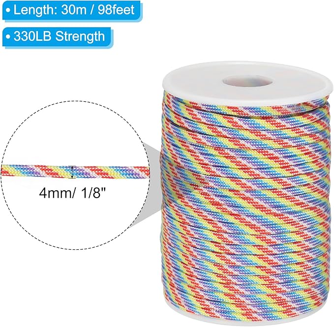PATIKIL 330 lb Parachute Rope, 0.157 in, 7 strands for tent, camping, hammock, hiking, fishing, survival bracelet, DIY projects, rainbow color, 98 feet