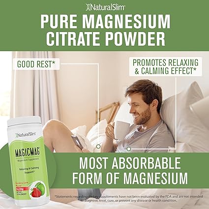 NaturalSlim Magicmag Pure Magnesium Citrate Powder  Stress, Constipation, Muscle, Heart Health, and Sleep Support  Natural Strawberry  Lime Flavored Magnesium Supplement - 8oz Drink Mix (Solo)