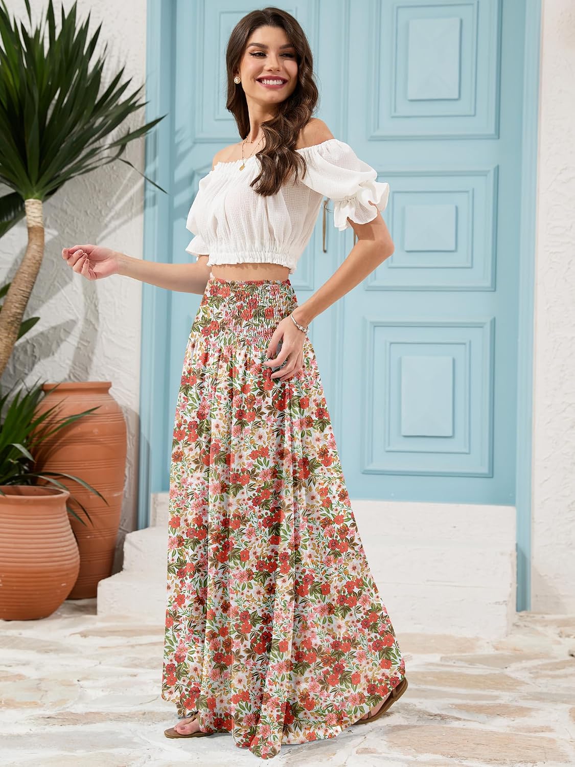 Red Hibiscus floral, LiCot Womens Maxi Skirt Smocked Boho Flowy Casual Long Skirts