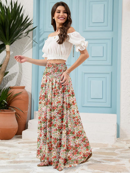 Red Hibiscus floral, LiCot Womens Maxi Skirt Smocked Boho Flowy Casual Long Skirts