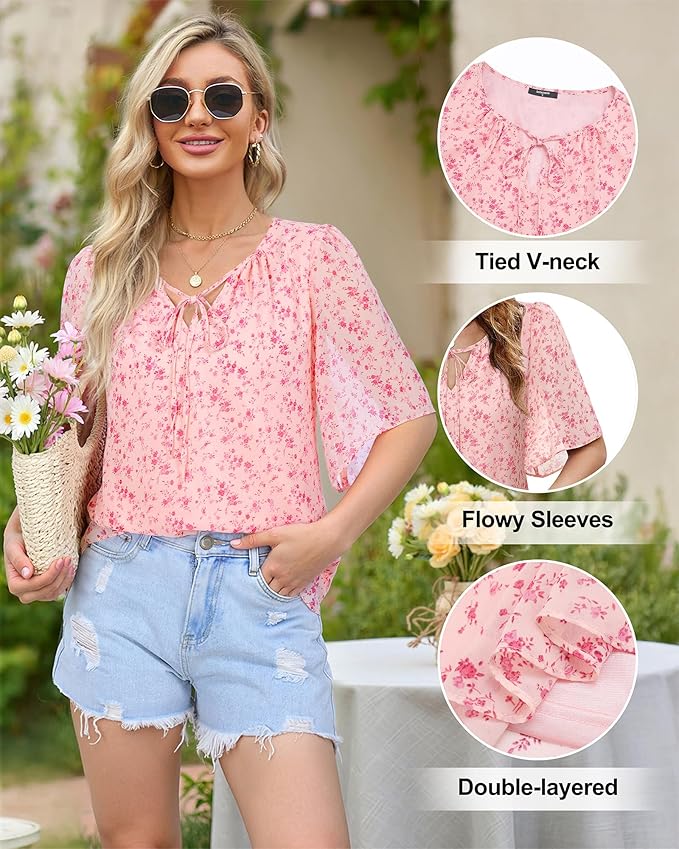 Lotusmile Womens Blouses Dressy Casual Half Bell Sleeve Chiffon Office Attire Business Work Tops Trendy