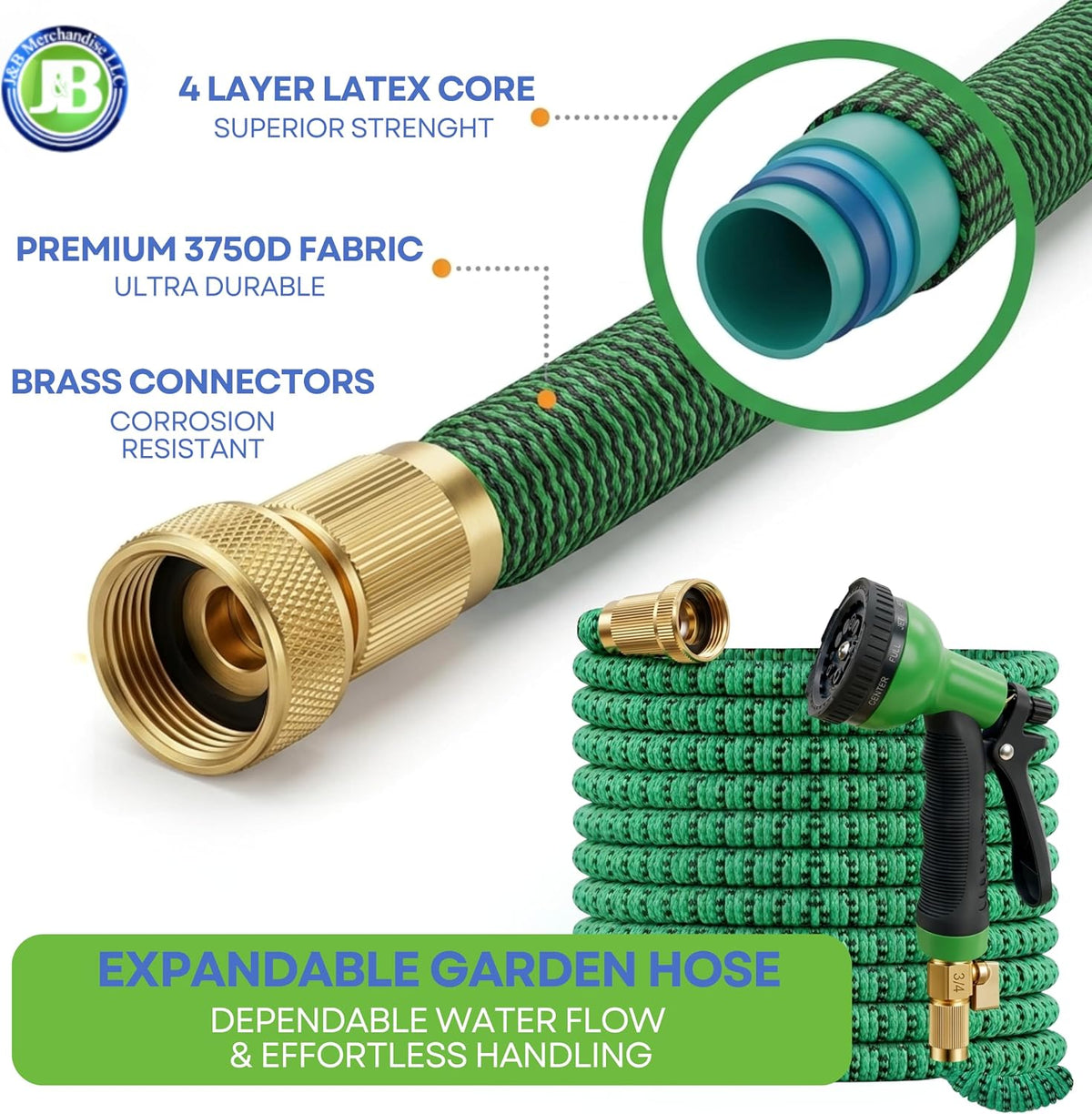 J&B XpandaHose 50ft Expandable Garden Hose with Holder - Heavy Duty Superior Strength 3750D - 4 -Layer Latex Core - Extra Strong Brass Connectors and 10 Spray Nozzle w/Storage Bag (Green 50)