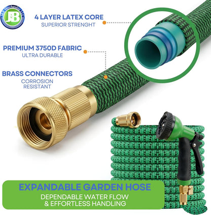 J&B XpandaHose 50ft Expandable Garden Hose with Holder - Heavy Duty Superior Strength 3750D - 4 -Layer Latex Core - Extra Strong Brass Connectors and 10 Spray Nozzle w/Storage Bag (Green 50)