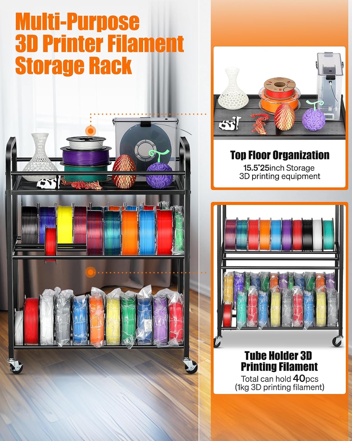3D Printer Filament Storage Rack- Rolling Filament Spool Holders Racks with Wheels, Heavy Duty Metal Shelf for PLA/ABS/TPU/Nylon, Filaments Organzied for 3D Printing Studio, Office Workshop (Black)