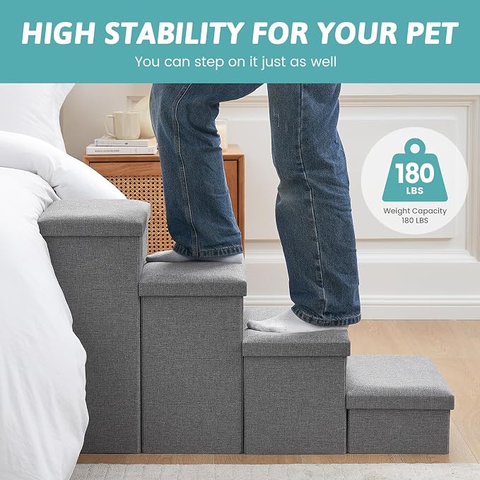 Dog Stairs with Storage 22" H, 4-Step Wider Dog Steps, Up to 180 lbs, Grey