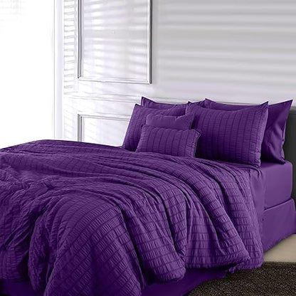 LUX Decor 10 Piece Comforter Set Queen (88X88), Seersucker Lightweight Comforter Set with Sheets, Bed in a Bag Bedding Set for All Seasons - Purple