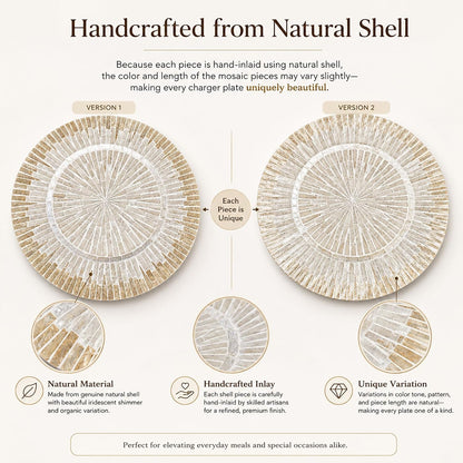 i-lan 13Inch 2 Pack Mother Of Pearl Decorative Plates for Display, Sea Shell Inlay Wood Charger Plates for Dining, Party, Modern and Rustic Decoration Placemats for Dinner Plates,Champagne Gold