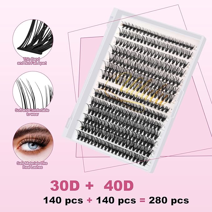 DIY Lash Extension Kit 280pcs Individual Lashes Clusters D Curl Lash Clusters, Lash Kit with Lash Bond and Seal, Remover, Lash Tweezers (30D40D-0.07D-9-16MM Kit)