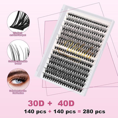 DIY Lash Extension Kit 280pcs Individual Lashes Clusters D Curl Lash Clusters, Lash Kit with Lash Bond and Seal, Remover, Lash Tweezers (30D40D-0.07D-9-16MM Kit)