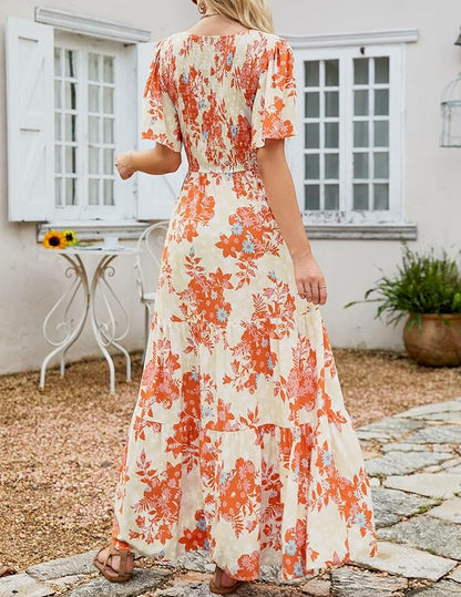 ZESICA Women's 2025 Summer Casual Floral Print Short Flutter Sleeve Crew Neck Smocked High Waist Flowy Maxi Dress