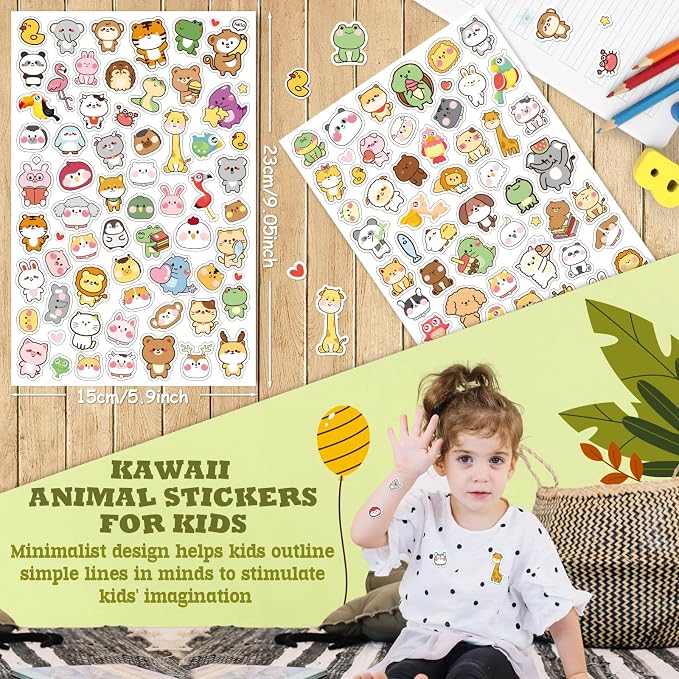 LINAYE 24 Sheets Cute Kawaii Stickers Pack - 1500PCS Adhesive Animal Stickers for Kids, Girls, Classroom