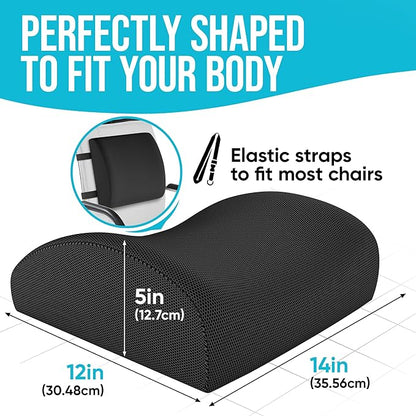 FORTEM Lumbar Support Cushion, Back Support for Office Chair and Car Seat, Back Rest for Gaming Chair, Memory Foam Pillow, Desk Chair Cushion, Breathable & Washable Cover, Adjustable Straps