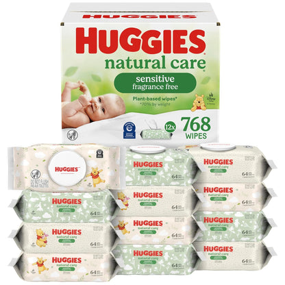 Huggies Natural Care Sensitive Baby Wipes, Unscented, Hypoallergenic, 99% Purified Water, 12 Flip-Top Packs (768 Wipes Total), Packaging May Vary