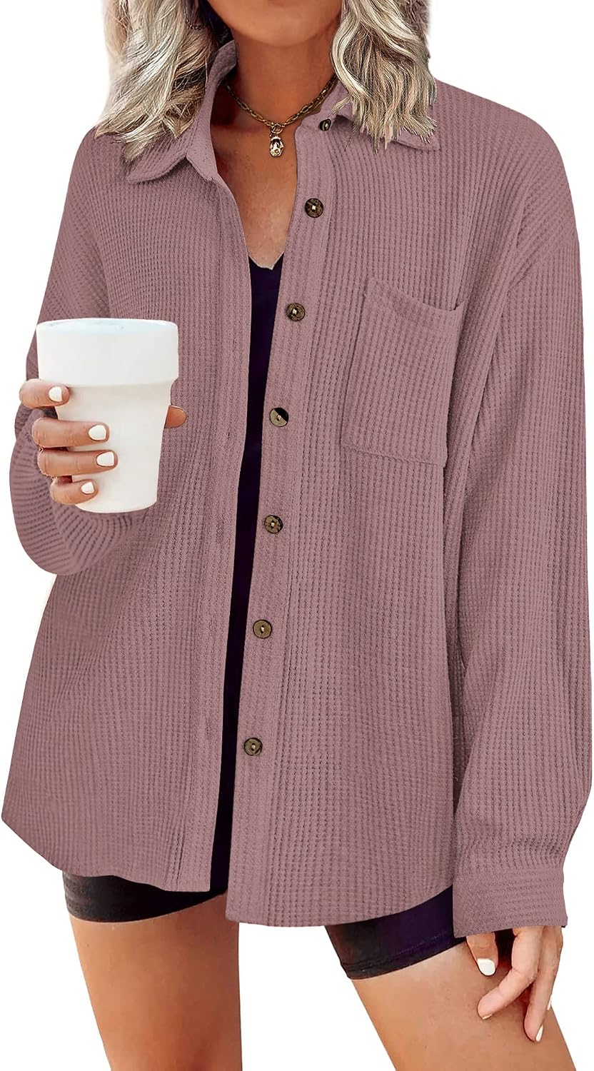 Waffle Button Down Shirts for Women Dressy Casual Work Shacket V Neck L