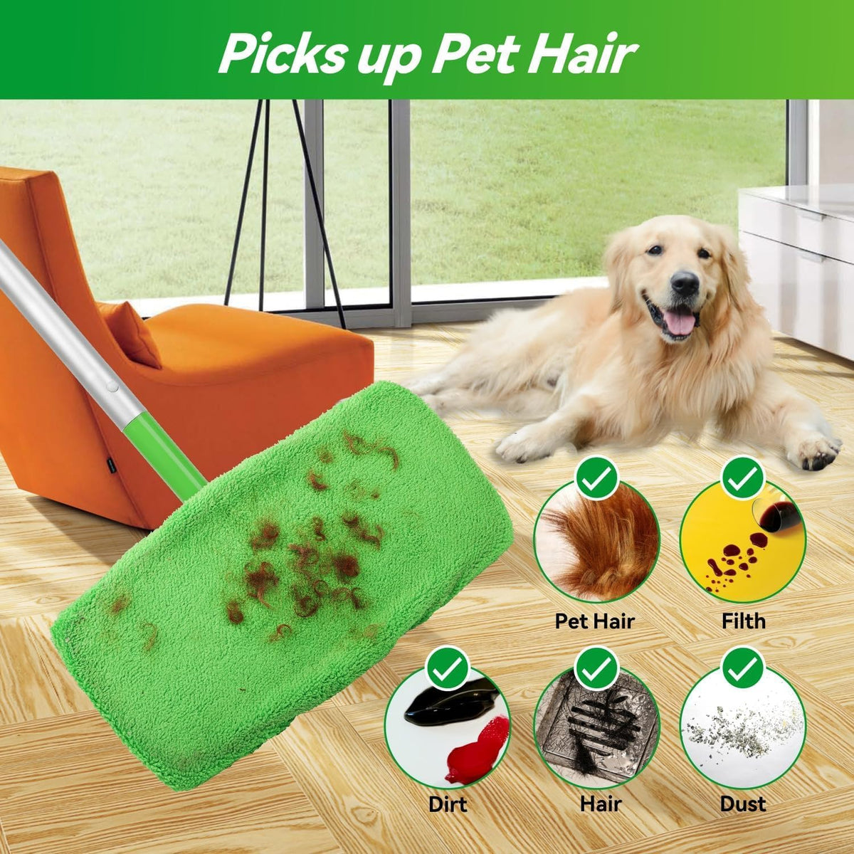 Reusable Microfiber Mop Pads Washable Wet Pads Compatible with Swiffer Sweeper Refills Pads for Wet & Dry Sweeping Cloths Mop Head Replacement for Household Cleaning (Green 4PCS)