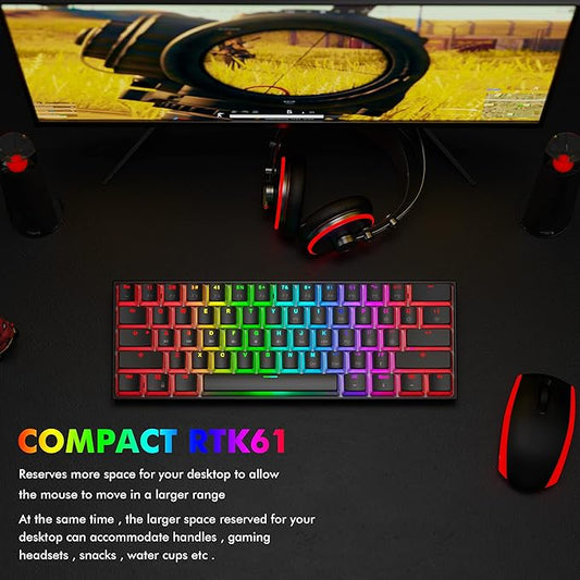 Ractous RTK61 60 Mechanical Gaming Keyboard with PBT Pudding keycap, RGB Backlit Hot Swappable Type-C 61Key Ultra-Compact Keyboard with Full Key Programmable-Black(Gateron Optical Blue Switch