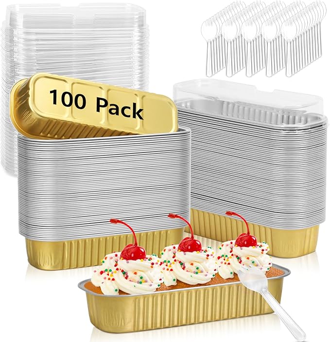 Ruckae 100 Pack Mini Loaf Pans with Lids and Spoons Disposable Aluminum Tin Foil Pans Rectangle Mini Loaf Cake Pan for Baking,Party,Picnics,Gifts (Gold)