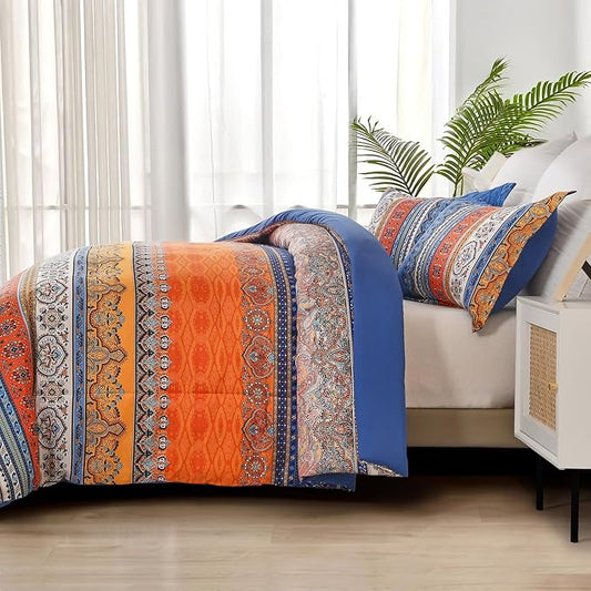 Boho Comforter Queen Size, 3 Piece Blue Orange Bohemian Striped Western Comforter Set, Ultra Soft Lightweight Microfiber Boho Hippie Bedding Set with 2 Pillow Shams for All Seasons