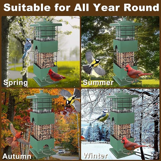 Bird Feeder Squirrel Proof, 3LBS Metal Anti-Squirrel Feeder for Outdoors Hanging, Wild Birdseed for Finch Cardinal Blue Jay Outside (Green)