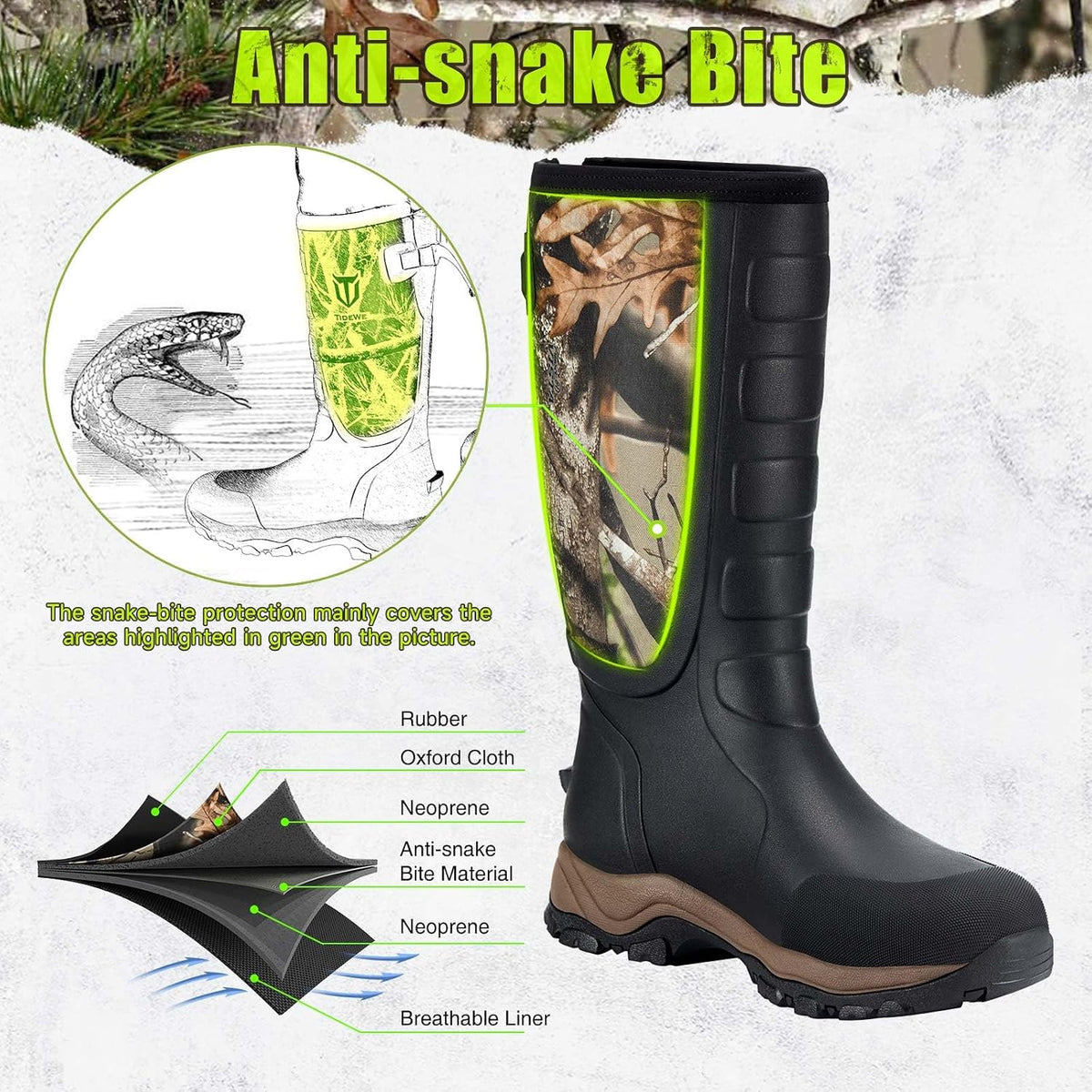 Durable TIDEWE hunting boots with neoprene uppers, anti-snake bite material, and deep tread for outdoor adventures.