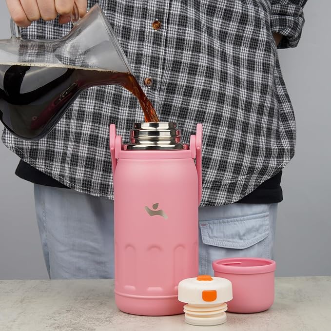 Insulated Water Bottle with Handle and Strap,Vacuum Travel Tumbler with Cup Lid,Thermo Coffee Cup for Hot Cold Drinks 50 OZ,Pink