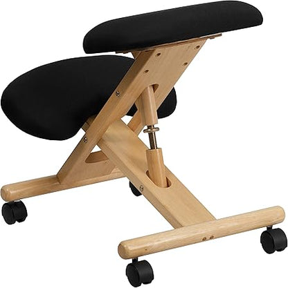 Flash Furniture Posey Mobile Wooden Kneeling Office Chair for Improved Posture, Height-Adjustable Ergonomic Office Kneeling Chair, NaturalBlack