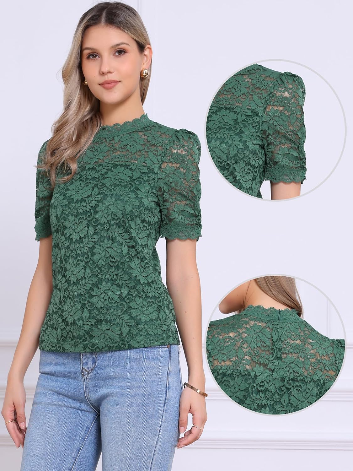 Allegra K Floral Lace Tops for Women's Mock Neck Puff Short Sleeve Dressy Casual Blouses Shirts