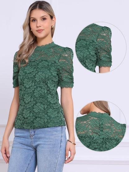 Allegra K Floral Lace Tops for Women's Mock Neck Puff Short Sleeve Dressy Casual Blouses Shirts