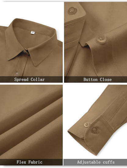 hearain Soft Wrinkle-Free Women's Button Down Dress Shirts Solid Long Sleeve Work Blouses Fit Stretch Casual Tops XXS-6XL