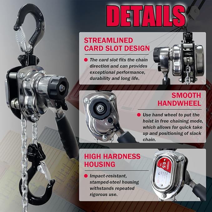 YATOINTO 1/2 Ton 1100lbs Chrome Mini Lever Block 3M 10Ft Come Along Manual Chain Hoist Steel G80 Puller Hoist with Hook for Building
