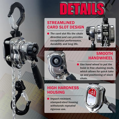 YATOINTO 1/2 Ton 1100lbs Chrome Mini Lever Block 3M 10Ft Come Along Manual Chain Hoist Steel G80 Puller Hoist with Hook for Building