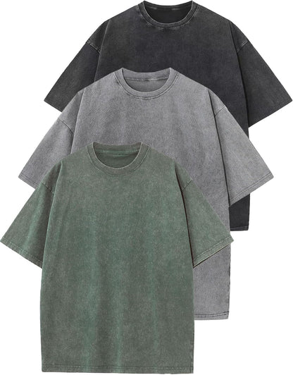 3 Pack Men Oversized T Shirts Acid Washed Unisex Tee Loose Fit Short Sleeve Casual Streetwear Baggy Basic Tops