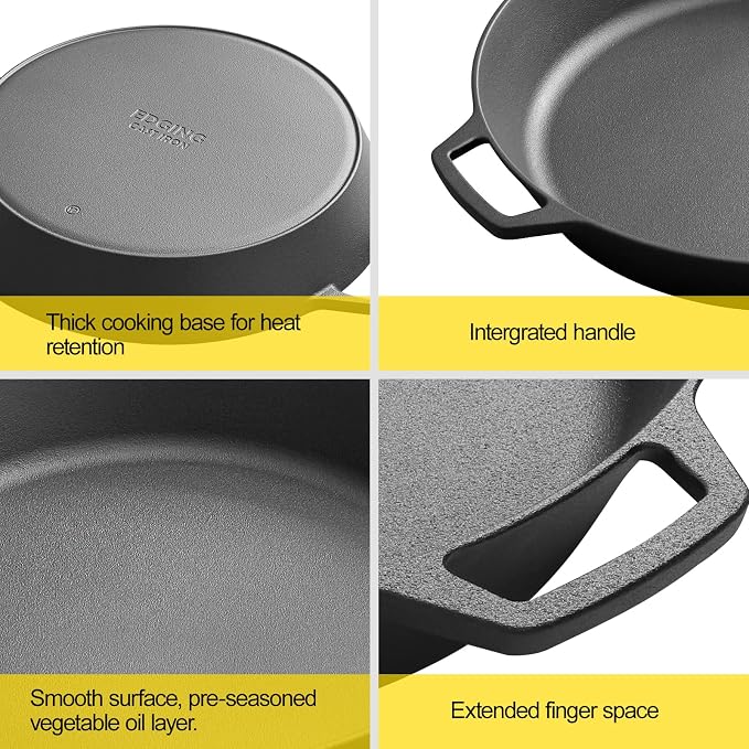 EDGING CASTING Pre-Seasoned Large Cast Iron Skillet 17 Inch, Dual Handle Outdoor Camping Frying Pan, Pizza Pan, Use for Grill, Stovetop, Induction, Oven Safe Cookware