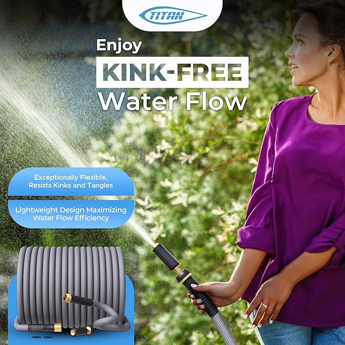 TITAN Garden Hose  Flexible, Lightweight, Kink-Free  Durable Hybrid Water Hose with Heavy Duty Brass Connectors  High-Pressure Jet Nozzle (50FT x 58)