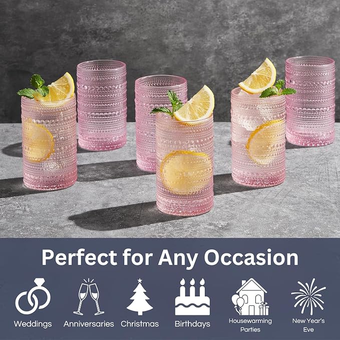Khen Hobnail Beaded Highball Drinking Tumbler Glasses | Set of 6 | Pastel Pink, Vintage Bubble Whiskey Glassware, Embossed Cocktail, Water, Rocks Glass
