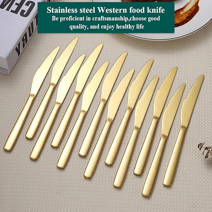 Evanda Gold Dinner Knives Set 12 Pieces, Titanium Plating Stainless Steel Butter Knives Table Knives, Flatware Steak Knives Silverware Set, Cutlery Set, Dishwasher Safe