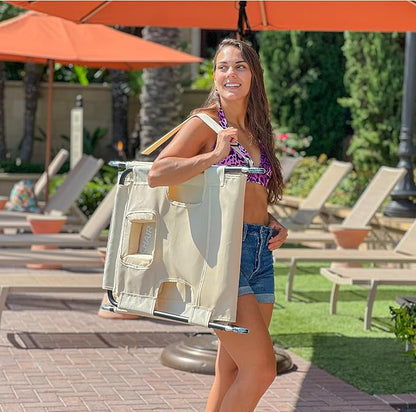 Face Down Tanning Chaise Lounge Chair - Face & Arm Holes - 2 Legs Support - Polyester Material - Backrest Positions - Head Rest Pillow - Beach or Home Use - Read and Tan - Tan Stripes Pattern