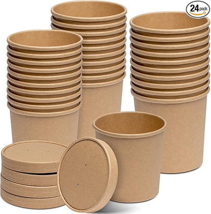 GUSTO 16 oz. - 25 Count Kraft Paper Food Containers with Vented Lids - To Go Hot Soup Bowls, Disposable Ice Cream Cups, Ideal for Hot and Cold Foods - (Formerly Comfy Package)